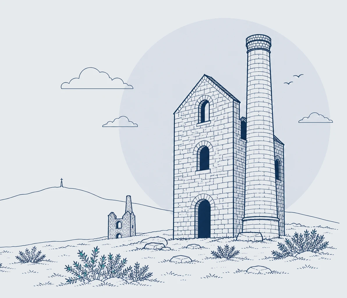 Stylised line illustration of a Cornish mine engine house and chimney stack near Camborne and Redruth, a ruined engine house behind and the Carn Brea monument on the ridge