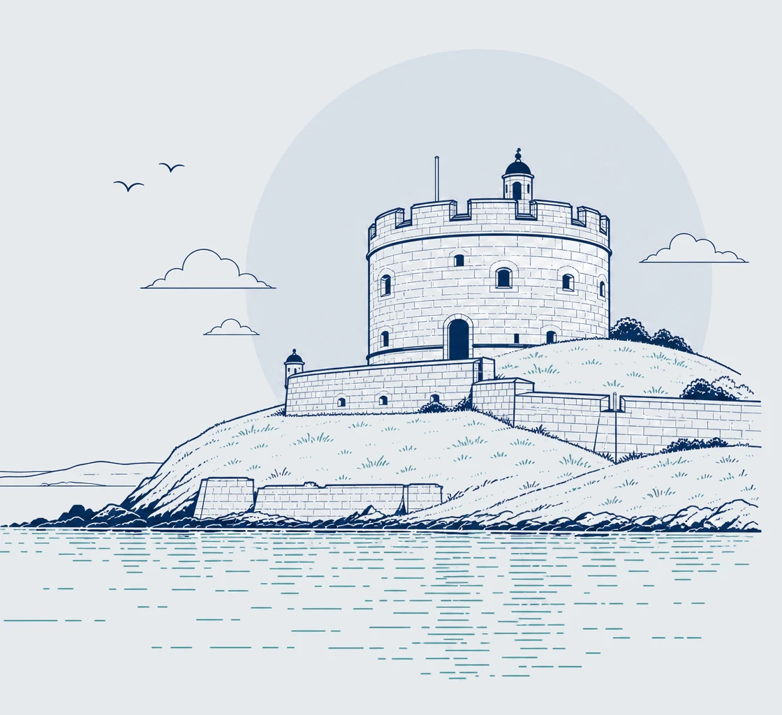 Pendennis Castle, Falmouth Stylised line illustration of Pendennis Castle's round Tudor keep on its grassy headland above the water at Falmouth