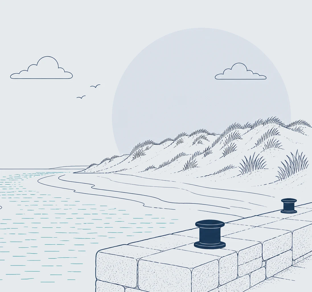The Hayle estuary and Towans Stylised line illustration of the Hayle estuary at low tide, the channel winding past a granite quay with mooring bollards below the grassy Towans dunes