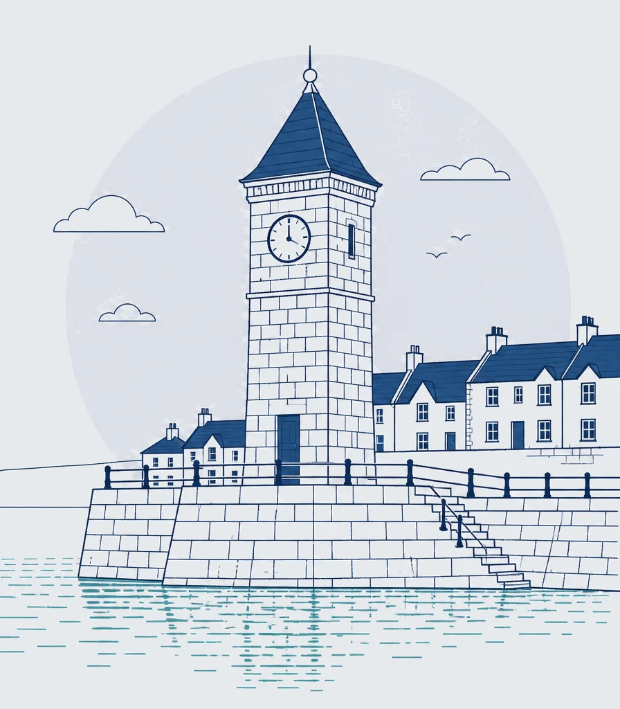 Porthleven clock tower, Helston Stylised line illustration of the Porthleven clock tower standing on the harbour wall near Helston, harbourside cottages behind and the sea in front
