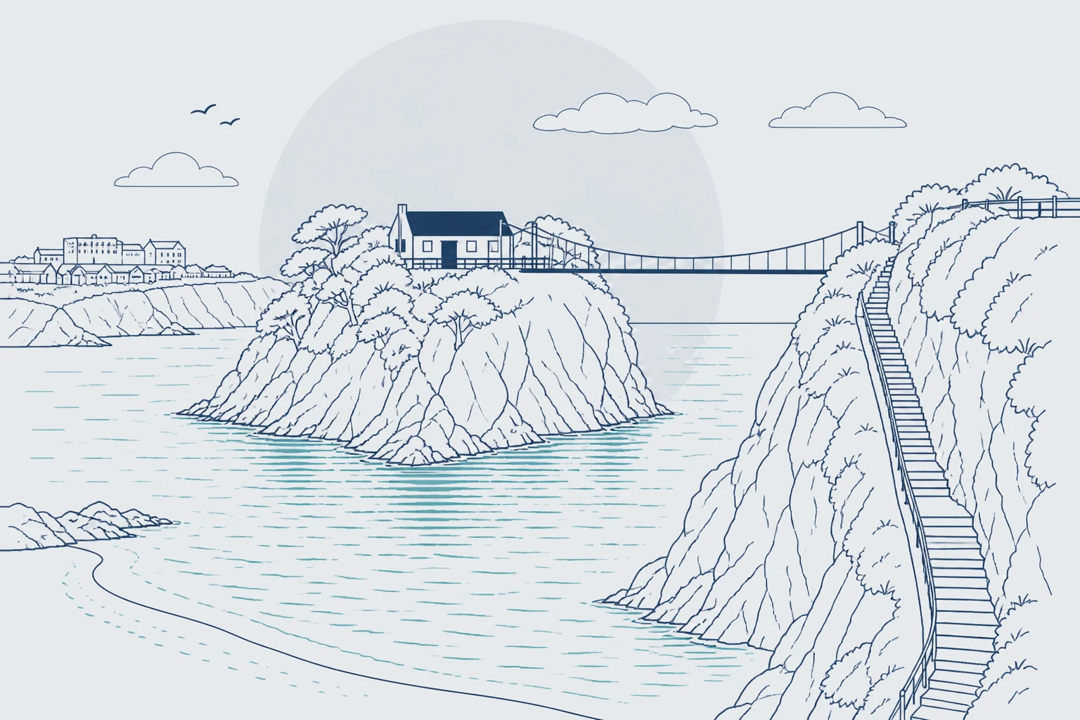 Towan Island footbridge, Newquay Stylised line illustration of Towan Island at Newquay, its house among the trees and the suspension footbridge crossing to the cliff, with the town and beach beyond
