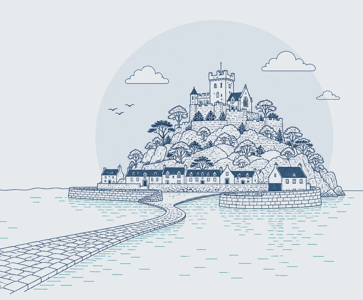 St Michael's Mount, Penzance Stylised line illustration of St Michael's Mount in Mount's Bay near Penzance, its castle above the harbour cottages with the cobbled causeway crossing the water