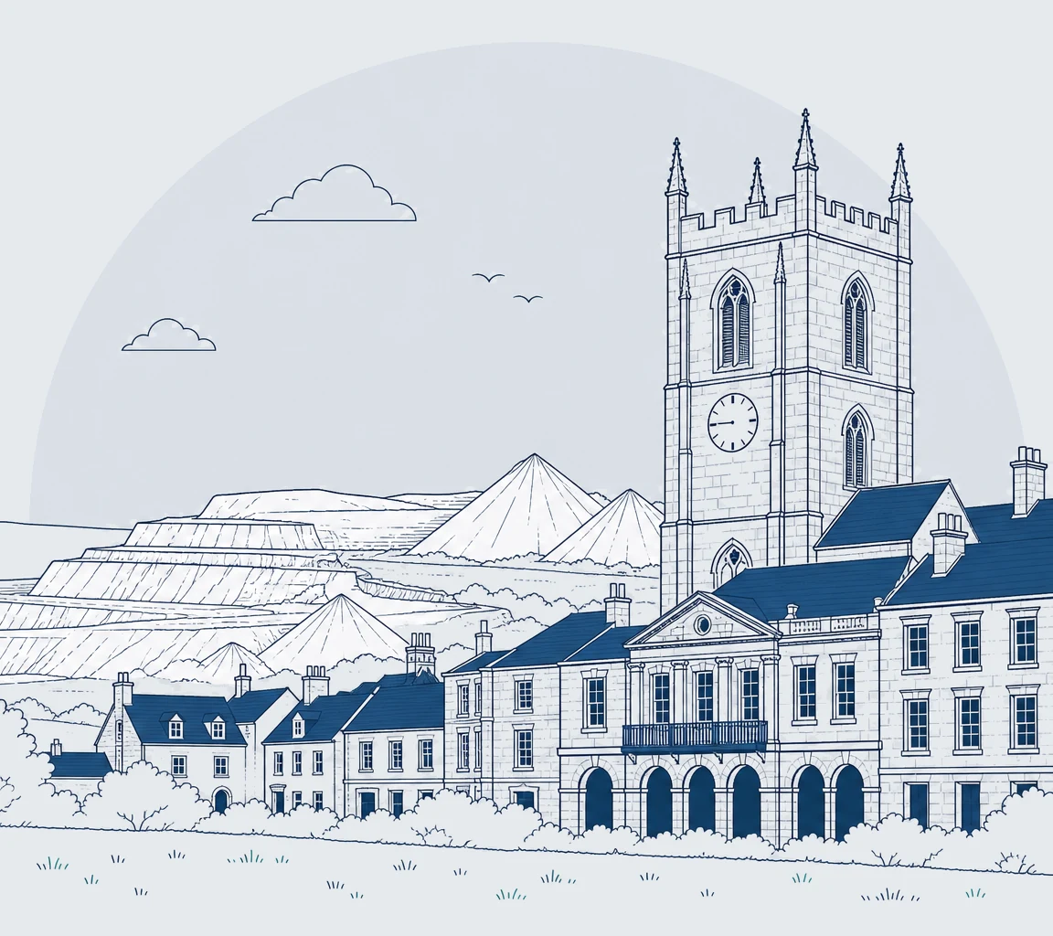 St Austell and the china clay country Stylised line illustration of St Austell town, the parish church tower and arcaded Market House frontage with the white china clay peaks rising behind