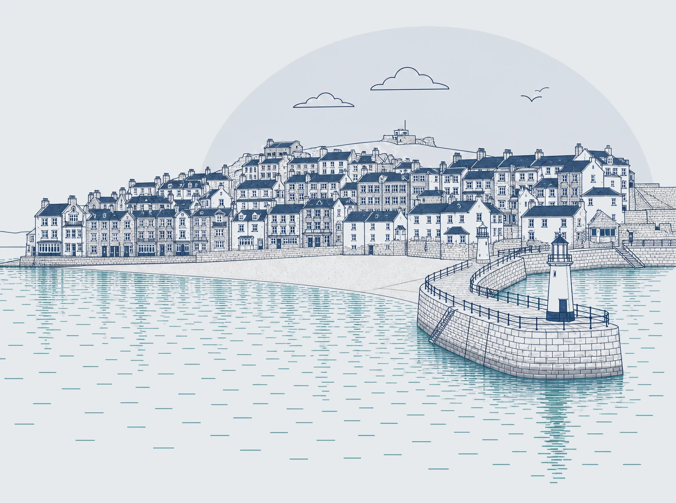 St Ives harbour Stylised line illustration of St Ives harbour, the town rising behind the beach with the chapel on the Island headland and Smeaton's Pier with its two lighthouses
