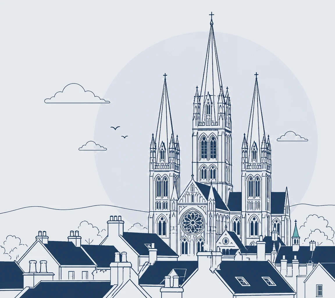 Truro Cathedral Stylised line illustration of Truro Cathedral's three spires rising above the city's slate rooftops and chimneys