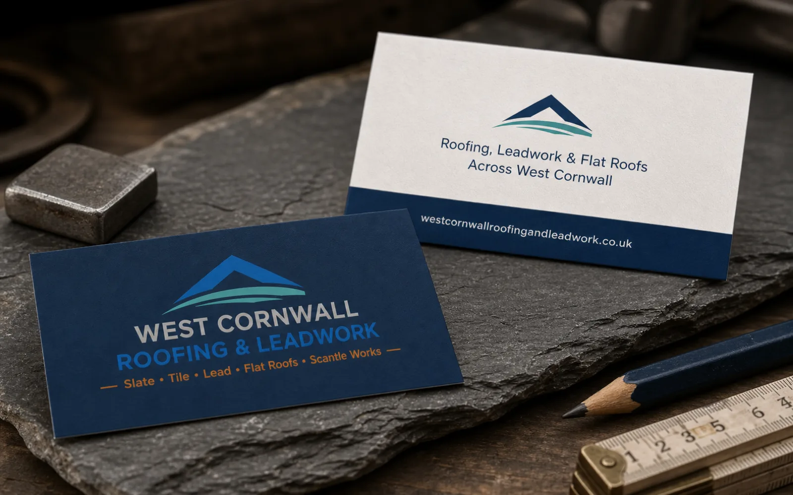 West Cornwall Roofing & Leadwork business cards on a piece of natural slate